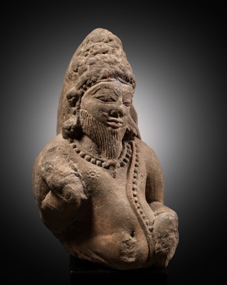 Lot 630 - A SANDSTONE FRAGMENT OF A RISHI, CHANDELA DYNASTY, CENTRAL INDIA, 10TH-11TH CENTURY