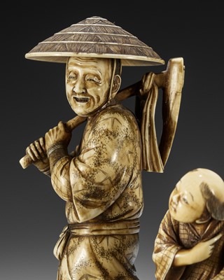 Lot 1968 - SHODAI: AN IVORY OKIMONO OF A FARMER WITH CHLD