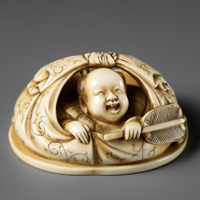 A FINE TOMOCHIKA SCHOOL IVORY NETSUKE OKIMONO OF A KARAKO IN HOTEI’S TREASURE BAG