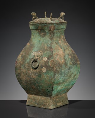 Lot 372 - A BRONZE STORAGE VESSEL AND COVER, FANGHU, HAN DYNASTY