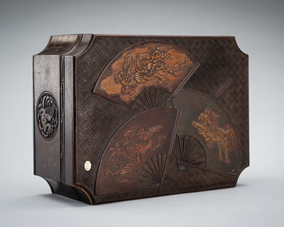 Lot 13 - ICHIJI: A CARVED WOOD BOX AND COVER WITH MYTHICAL BEASTS