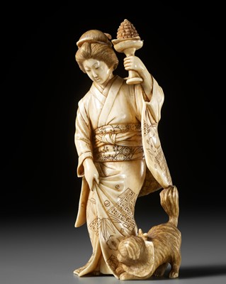 Lot 708 - CHIKAYOSHI: AN IVORY OKIMONO OF A GEISHA WITH PUPPY