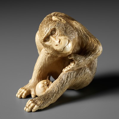 Lot 383 - A CHARMING IVORY OKIMONO OF A SLEEPING MONKEY WITH PERSIMMON