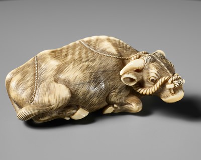 Lot 364 - A SUPERB IVORY NETSUKE OF A RECUMBENT OX, ATTRIBUTED TO OKATOMO