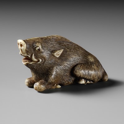 Lot 42 - A KYOTO SCHOOL IVORY NETSUKE OF A FRIGHTENED RECLINING BOAR