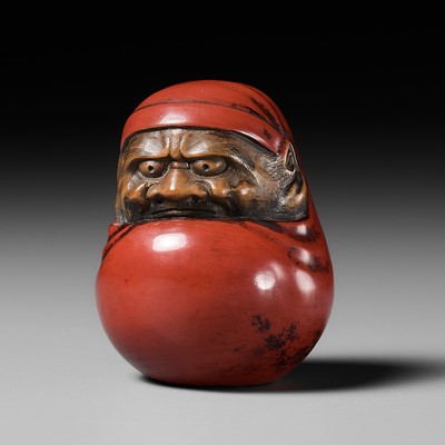 Lot 460 - MASAKAZU: A SMALL LACQUERED WOOD OKIMONO OF A DARUMA DOLL