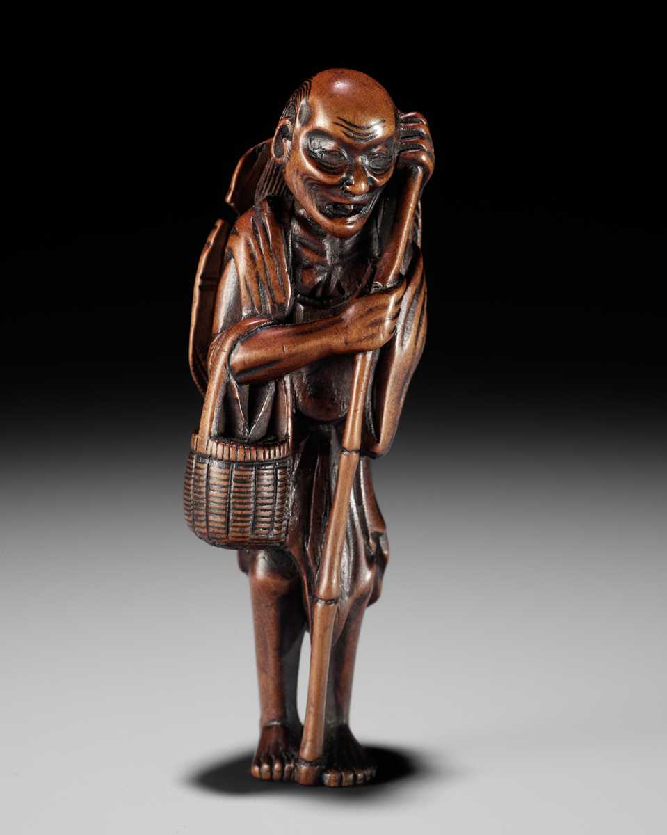 Lot 323 - A LARGE AND RARE WOOD NETSUKE OF ONO NO KOMACHI
