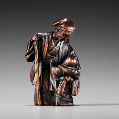 Lot 204 - HOSHUNSAI MASAYUKI: A FINE WOOD NETSUKE DEPICTING THE LEGEND OF THE TONGUE CUT SPARROW (SHITAKIRI SUZUME)