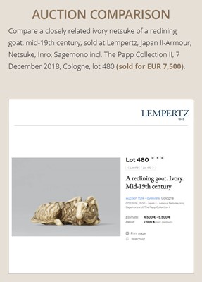 Lot 44 - A FINE MARINE IVORY NETSUKE OF A RECLINING GOAT