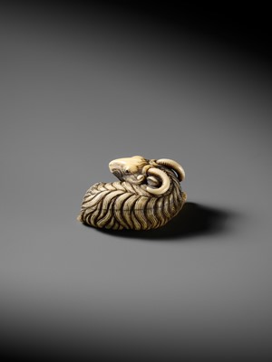 Lot 44 - A FINE MARINE IVORY NETSUKE OF A RECLINING GOAT