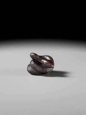 Lot 101 - A SUPERB DARK WOOD NETSUKE OF A COILED SNAKE