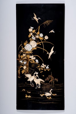 Lot 39 - A LARGE SHIBAYAMA-INLAID AND LACQUERED WOOD PANEL WITH HERONS AND FLOWERS