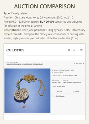 Lot 172 - A WHITE JADE RETICULATED POUCH-FORM POMANDER, QING DYNASTY