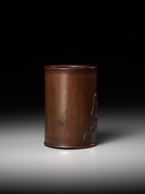 Lot 373 - A BAMBOO BRUSHPOT DEPICTING LIU HAI AND HIS TOAD, BITONG, BY WU ZHIFAN, JIADING SCHOOL, EARLY QING DYNASTY