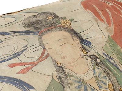 Lot 49 - A POLYCHROME STUCCO FRESCO FRAGMENT DEPICTING A CELESTIAL SLEEVE DANCER, YUAN TO MING DYNASTY