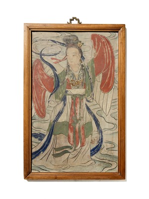 Lot 49 - A POLYCHROME STUCCO FRESCO FRAGMENT DEPICTING A CELESTIAL SLEEVE DANCER, YUAN TO MING DYNASTY