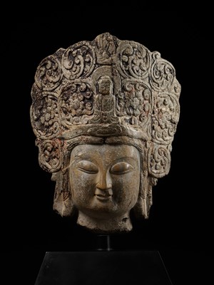 Lot 43 - A RARE AND MASSIVE CARVED LIMESTONE HEAD OF GUANYIN, SONG DYNASTY