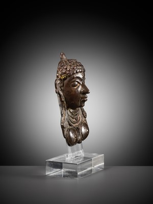 Lot 258 - A BRONZE PROCESSIONAL MASK, MOHRA, DEPICTING LAKSHMI, 17TH-18TH CENTURY