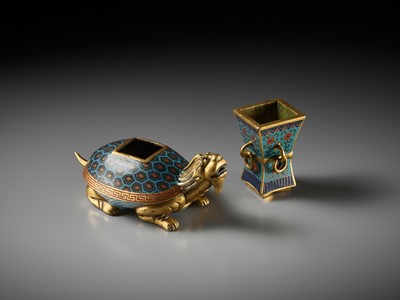 Lot 84 - A GILT-BRONZE AND CLOISONNÉ ENAMEL ‘BIXI AND GU’ CENSER, EARLY TO MID-QING DYNASTY