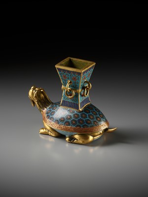 Lot 84 - A GILT-BRONZE AND CLOISONNÉ ENAMEL ‘BIXI AND GU’ CENSER, EARLY TO MID-QING DYNASTY