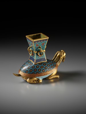 Lot 84 - A GILT-BRONZE AND CLOISONNÉ ENAMEL ‘BIXI AND GU’ CENSER, EARLY TO MID-QING DYNASTY