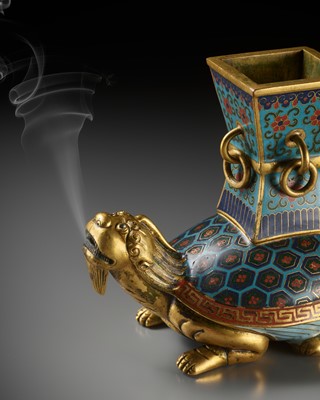 Lot 84 - A GILT-BRONZE AND CLOISONNÉ ENAMEL ‘BIXI AND GU’ CENSER, EARLY TO MID-QING DYNASTY