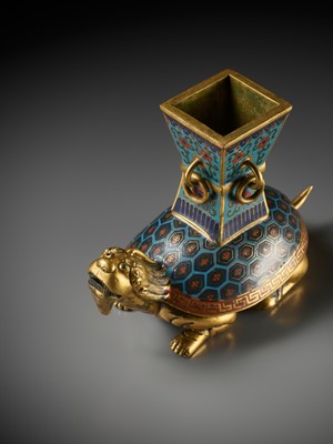 Lot 84 - A GILT-BRONZE AND CLOISONNÉ ENAMEL ‘BIXI AND GU’ CENSER, EARLY TO MID-QING DYNASTY