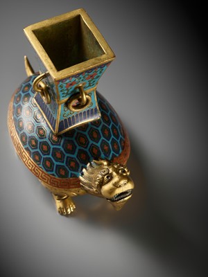 Lot 84 - A GILT-BRONZE AND CLOISONNÉ ENAMEL ‘BIXI AND GU’ CENSER, EARLY TO MID-QING DYNASTY