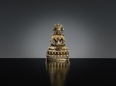 Lot 297 - A SMALL SILVERED COPPER ALLOY FIGURE OF AMITAYUS, 18TH-19TH CENTURY