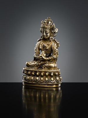 Lot 297 - A SMALL SILVERED COPPER ALLOY FIGURE OF AMITAYUS, 18TH-19TH CENTURY