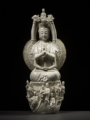 A LARGE DEHUA FIGURE OF THE THOUSAND-ARMED GUANYIN AND THE EIGHT IMMORTALS, LATE QING DYNASTY