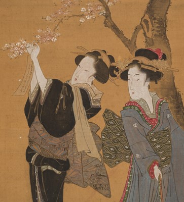 Lot 330 - ATTRIBUTED TO KITAGAWA UTAMARO II: A FINE AND RARE SCROLL PAINTING OF BEAUTIES UNDER A CHERRY TREE