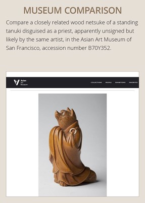 Lot 59 - ANRAKU: A FINE AND HUMOROUS WOOD NETSUKE OF TANUKI DISGUISED AS A PRIEST