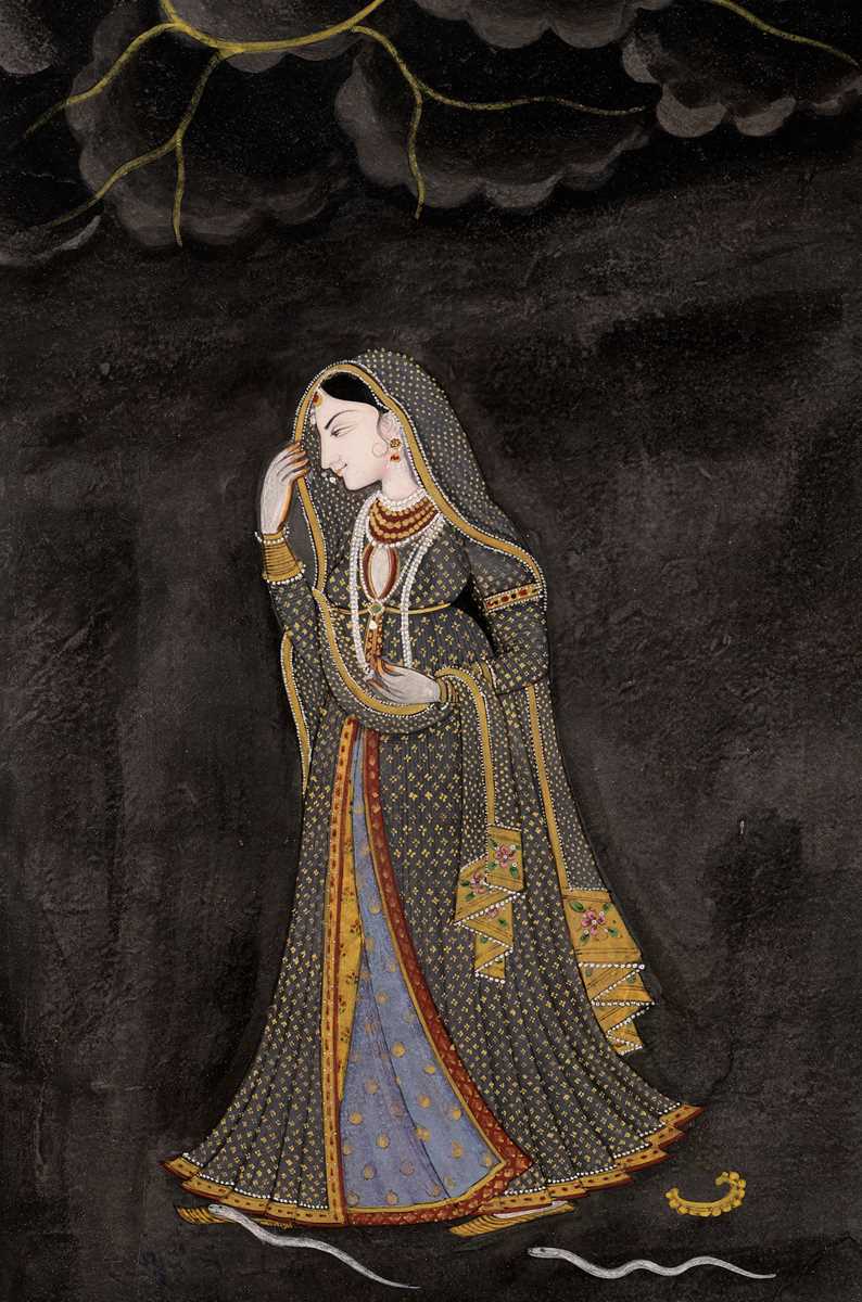 Lot 645 - AN ILLUSTRATION FROM A NAYIKA SERIES DEPICTING AN ABHISARIKA NAYIKA, KANGRA, 18TH-19TH CENTURY