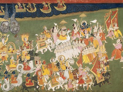 Lot 276 - A LARGE INDIAN PAINTING OF SHIVA ON NANDI IN A PROCESSION WITH OTHER DEITIES