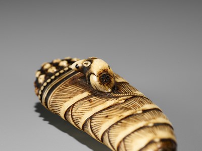 AN EARLY ANTLER NETSUKE DEPICTING A RAT ON A BAMBOO SHOOT