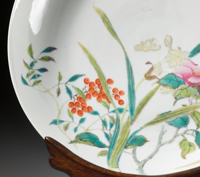 A FINE FALANGCAI ‘FLORAL’ DISH, YONGZHENG BLUE ENAMEL FOUR-CHARACTER MARK AND POSSIBLY OF THE PERIOD