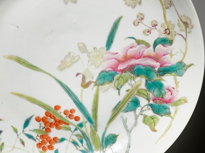 A FINE FALANGCAI ‘FLORAL’ DISH, YONGZHENG BLUE ENAMEL FOUR-CHARACTER MARK AND POSSIBLY OF THE PERIOD
