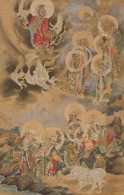 Lot 320 - A LARGE AND FINE KANO SCHOOL PAINTING DEPICTING AN ASSEMBLY OF ARHATS AND MYTHICAL BEASTS