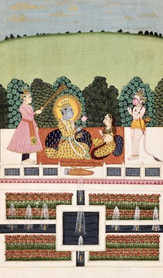 Lot 316 - AN INDIAN MINIATURE PAINTING OF RAMA AND SITA WITH LAKSHMANA AND HANUMAN