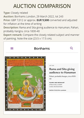 Lot 316 - AN INDIAN MINIATURE PAINTING OF RAMA AND SITA WITH LAKSHMANA AND HANUMAN