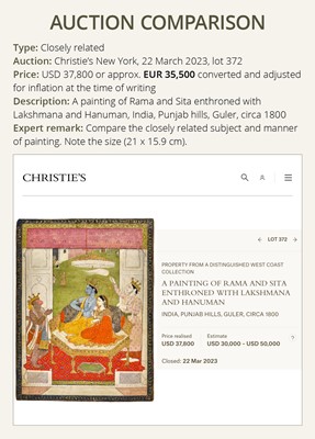 Lot 316 - AN INDIAN MINIATURE PAINTING OF RAMA AND SITA WITH LAKSHMANA AND HANUMAN