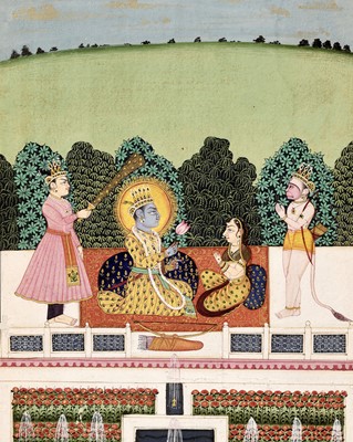 Lot 316 - AN INDIAN MINIATURE PAINTING OF RAMA AND SITA WITH LAKSHMANA AND HANUMAN