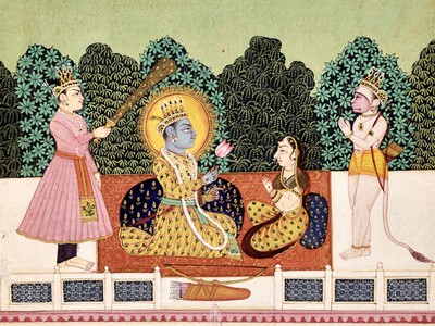 Lot 316 - AN INDIAN MINIATURE PAINTING OF RAMA AND SITA WITH LAKSHMANA AND HANUMAN