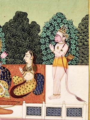 Lot 316 - AN INDIAN MINIATURE PAINTING OF RAMA AND SITA WITH LAKSHMANA AND HANUMAN