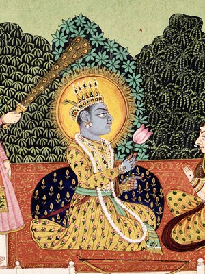Lot 316 - AN INDIAN MINIATURE PAINTING OF RAMA AND SITA WITH LAKSHMANA AND HANUMAN