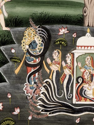 Lot 644 - KRISHNA QUELLING THE SERPENT KING KALIYA, AN ILLUSTRATION FROM A BHAGAVATA PURANA SERIES, MEWAR, 18TH CENTURY