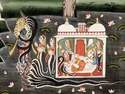 Lot 644 - KRISHNA QUELLING THE SERPENT KING KALIYA, AN ILLUSTRATION FROM A BHAGAVATA PURANA SERIES, MEWAR, 18TH CENTURY