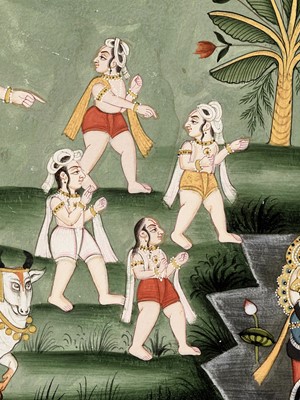 Lot 644 - KRISHNA QUELLING THE SERPENT KING KALIYA, AN ILLUSTRATION FROM A BHAGAVATA PURANA SERIES, MEWAR, 18TH CENTURY