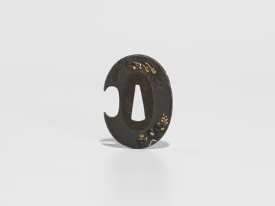 Lot 236 - NAGATA CHIKAYUKI: A FINE HAMANO SCHOOL SHIBUICHI HAMIDASHI TSUBA DEPICTING A HO-O BIRD, DATED 1846